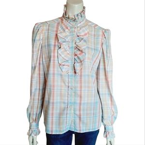 VINTAGE 80s Top Size Medium Hand Sewn Plaid Ruffle Details Button Front